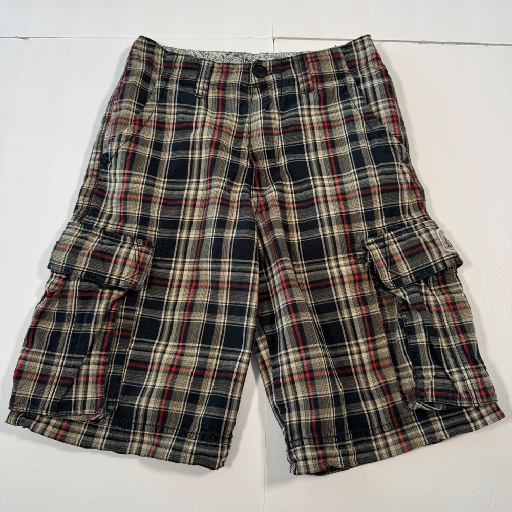 Unionbay Boys Plaid Cargo Shorts Size 8 Black Red Beige Cotton Pockets